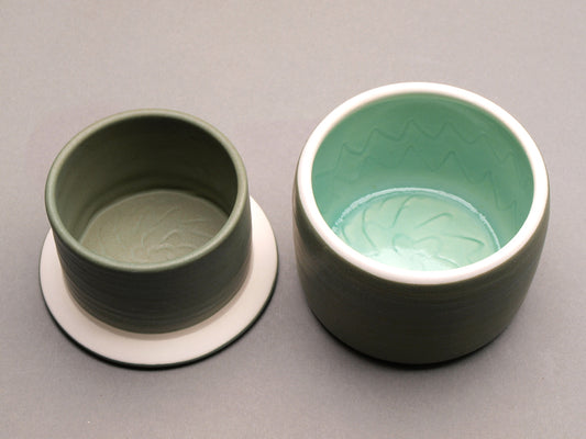 Handmade Ceramic Butter Crock Jar/dish with Sea Turtle Lid. Sage Green color, Turquoise "Turtle in the Waves" Motif Design Top.