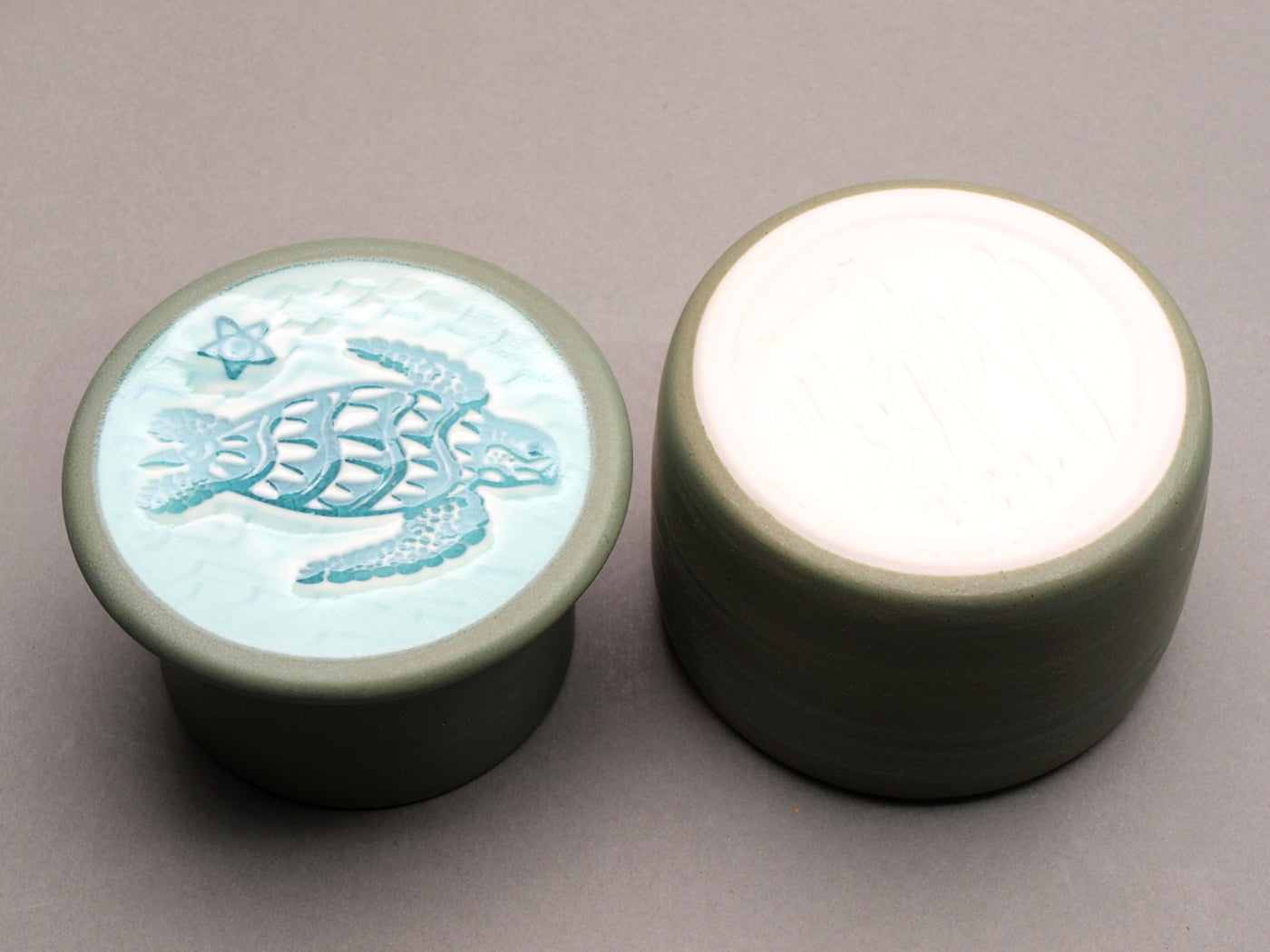 Handmade Ceramic Butter Crock Jar/dish with Sea Turtle Lid. Sage Green color, Turquoise "Turtle in the Waves" Motif Design Top.