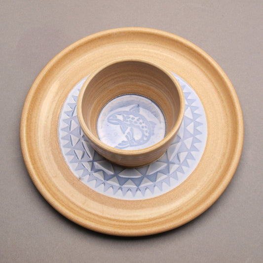 Personal Sized Handcrafted Ceramic Chip & Dip featuring a Trout in the Waves motif, glazed in stony gold and light blue, Geometric Pattern, Ceramic Porcelain