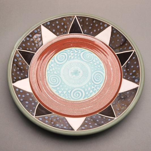 TURTLE & SWIRLING FINS PLATTER – A handcrafted porcelain centerpiece by Mike Hays, featuring intricate Southwestern-inspired design.