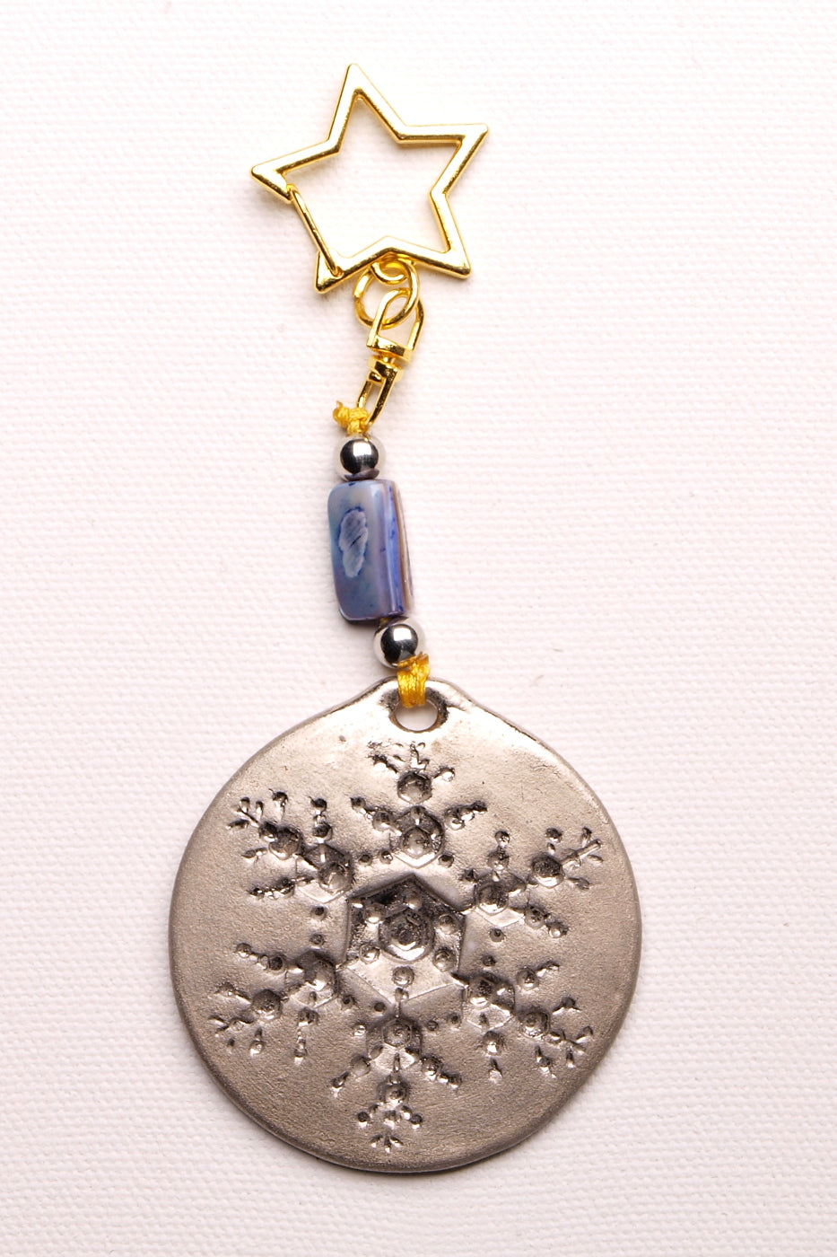 Handcrafted Snowflake Holiday Ornament with Star Clasp, 24k Platinum Luster Finish, Polished Steel, Abalone Shell Beads, Winter Christmas Tree Decoration