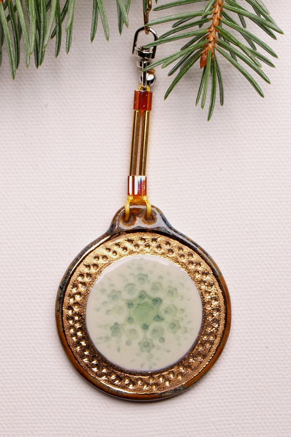 Handcrafted Snowflake Holiday Ornament, 24k Sparkling Gold Luster band, Gold Tone beads, Glass Beads, Winter Christmas Tree Decoration