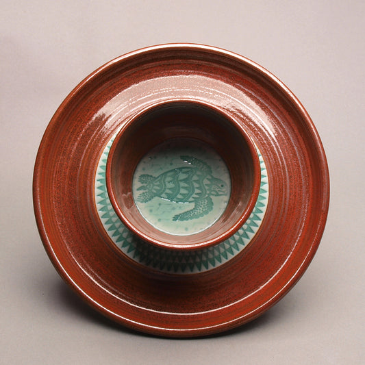 Medium Sized Handcrafted Ceramic Chip and Dip with Sea Turtle Design, Iron Red and Turquoise, Arrowhead Pattern, Ceramic Porcelain