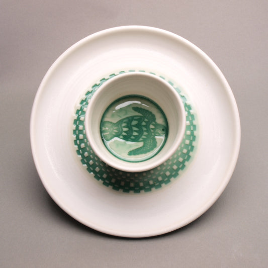Medium Sized Handcrafted Ceramic Chip and Dip with Sea Turtle Design, White and Jade Green, Checkered Pattern, Ceramic Porcelain