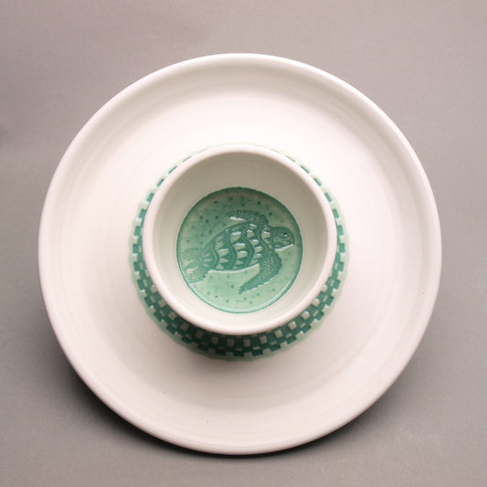 Medium Sized Handcrafted Ceramic Chip and Dip with Sea Turtle Design, White and Jade Green, Checkered Pattern, Ceramic Porcelain