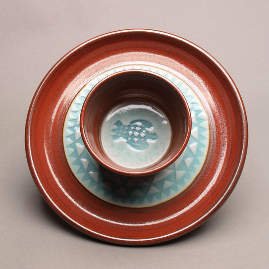 Personal Sized Handcrafted Ceramic Chip and Dip with Sea Turtle Design, Iron Red and Turquoise, Arrowhead Pattern, Ceramic Porcelain