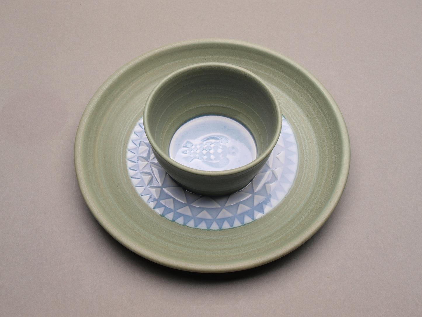Personal Sized Handcrafted Ceramic Chip and Dip, Light Blue & Sage Green with Turtle & Geometric Pattern, Glazed Pottery Dinnerware, Modern Design