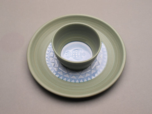 Personal Sized Handcrafted Ceramic Chip and Dip, Light Blue & Sage Green with Turtle & Geometric Pattern, Glazed Pottery Dinnerware, Modern Design