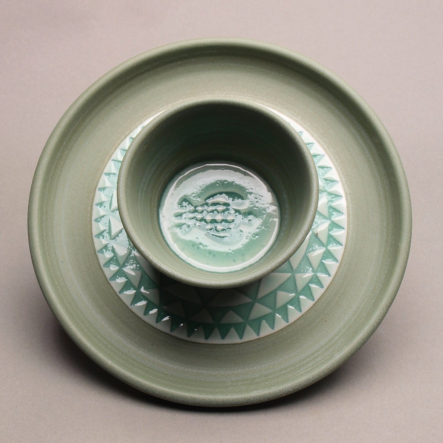 Personal Sized Handcrafted Ceramic Chip and Dip, Mint & Sage Green with Turtle & Geometric Pattern, Glazed Pottery Dinnerware, Modern Design