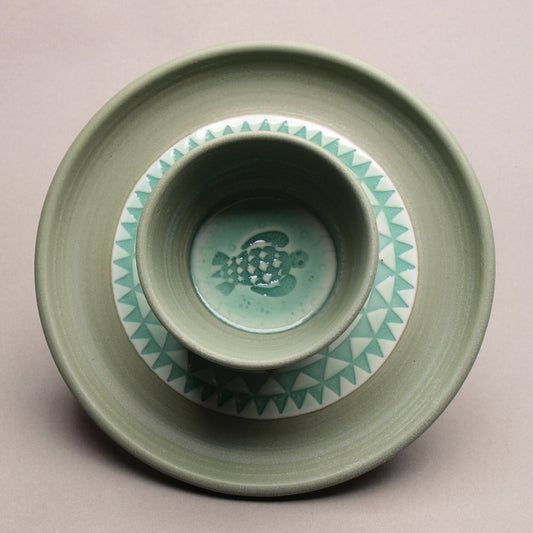 Personal Sized Handcrafted Ceramic Chip and Dip, Mint & Sage Green with Turtle & Geometric Pattern, Glazed Pottery Dinnerware, Modern Design