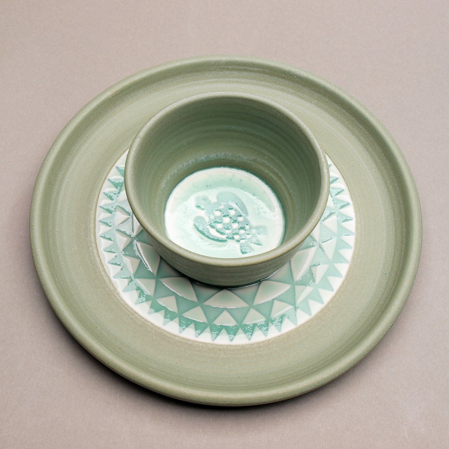 Personal Sized Handcrafted Ceramic Chip and Dip, Mint & Sage Green with Turtle & Geometric Pattern, Glazed Pottery Dinnerware, Modern Design