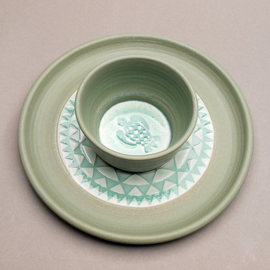 Personal Sized Handcrafted Ceramic Chip and Dip, Mint & Sage Green with Turtle & Geometric Pattern, Glazed Pottery Dinnerware, Modern Design