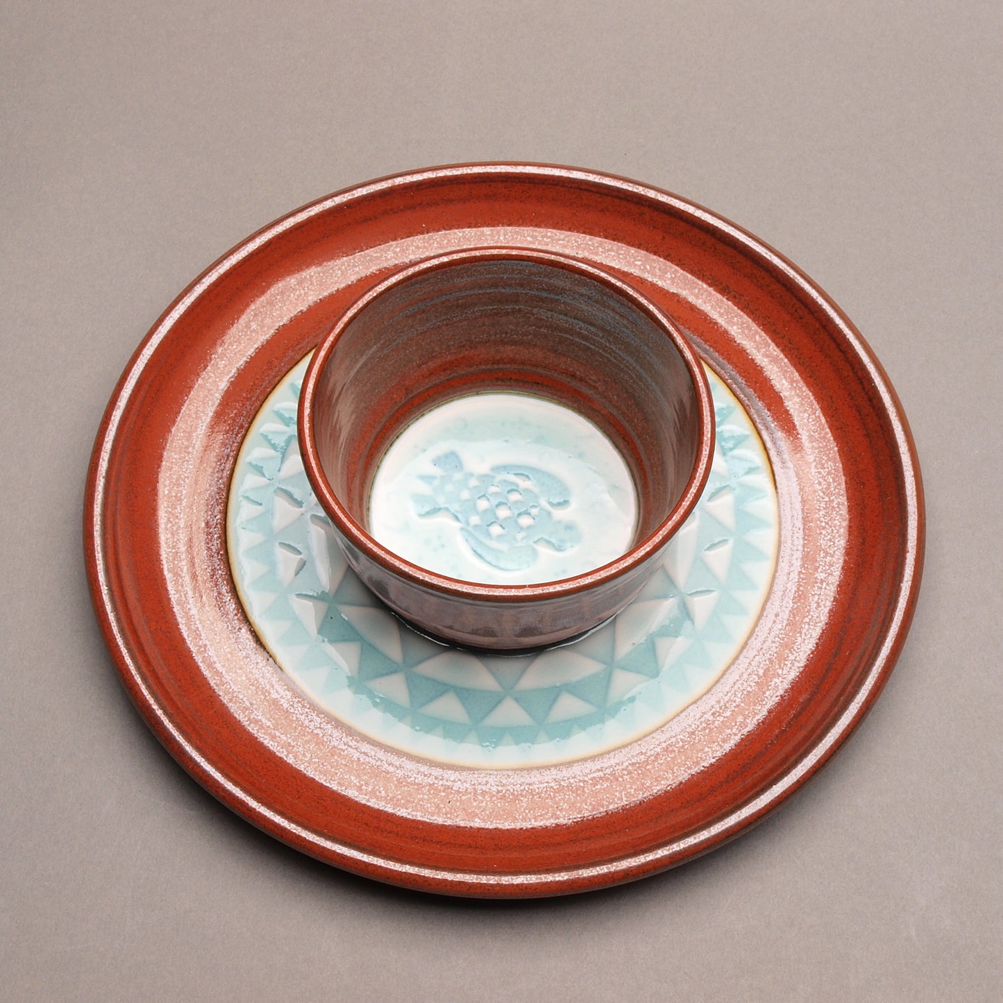 Personal Sized Handcrafted Ceramic Chip and Dip with Sea Turtle Design, Iron Red and Turquoise, Arrowhead Pattern, Ceramic Porcelain