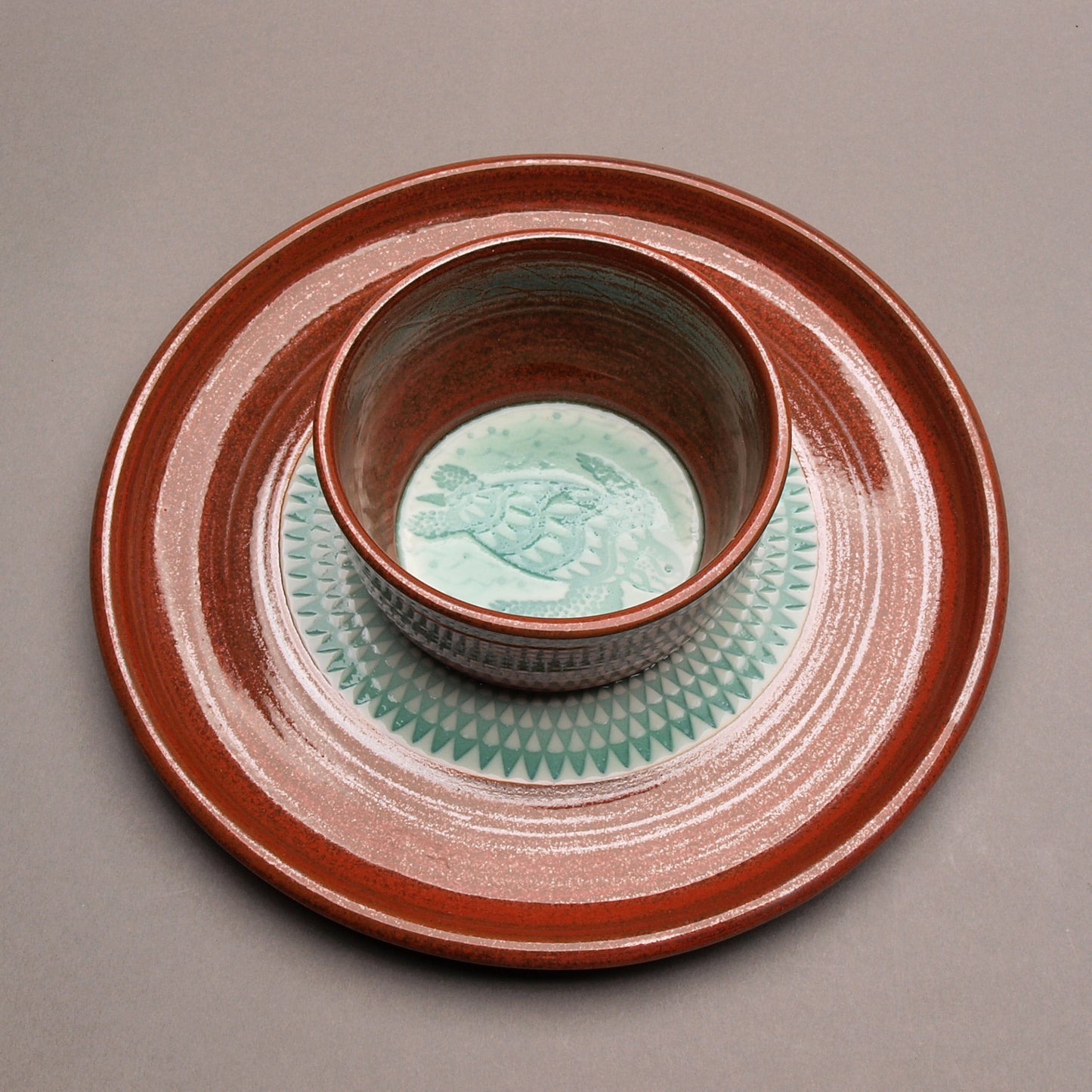 Medium Sized Handcrafted Ceramic Chip and Dip with Sea Turtle Design, Iron Red and Turquoise, Arrowhead Pattern, Ceramic Porcelain