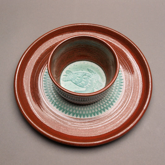 Medium Sized Handcrafted Ceramic Chip and Dip with Sea Turtle Design, Iron Red and Turquoise, Arrowhead Pattern, Ceramic Porcelain