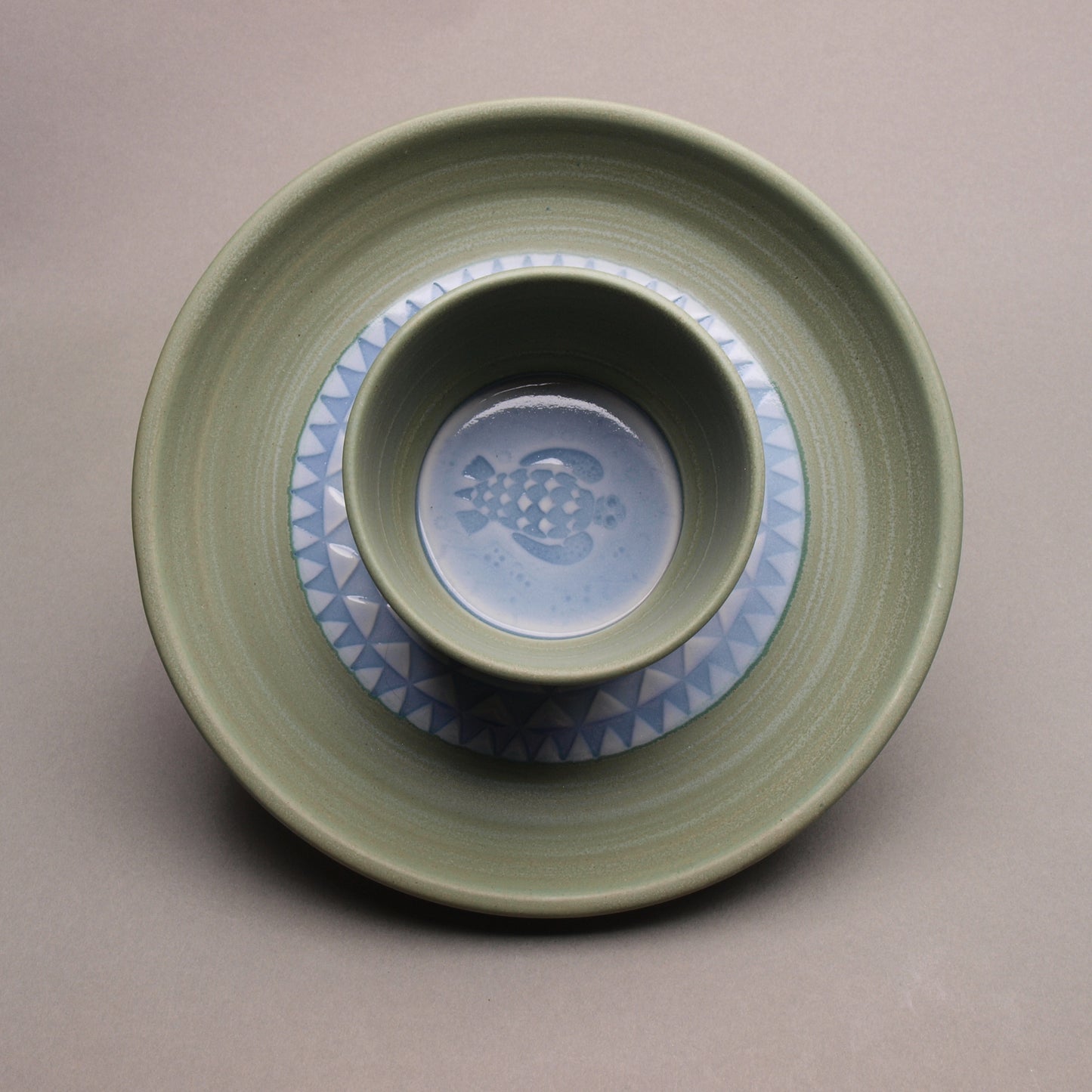 Personal Sized Handcrafted Ceramic Chip and Dip, Light Blue & Sage Green with Turtle & Geometric Pattern, Glazed Pottery Dinnerware, Modern Design