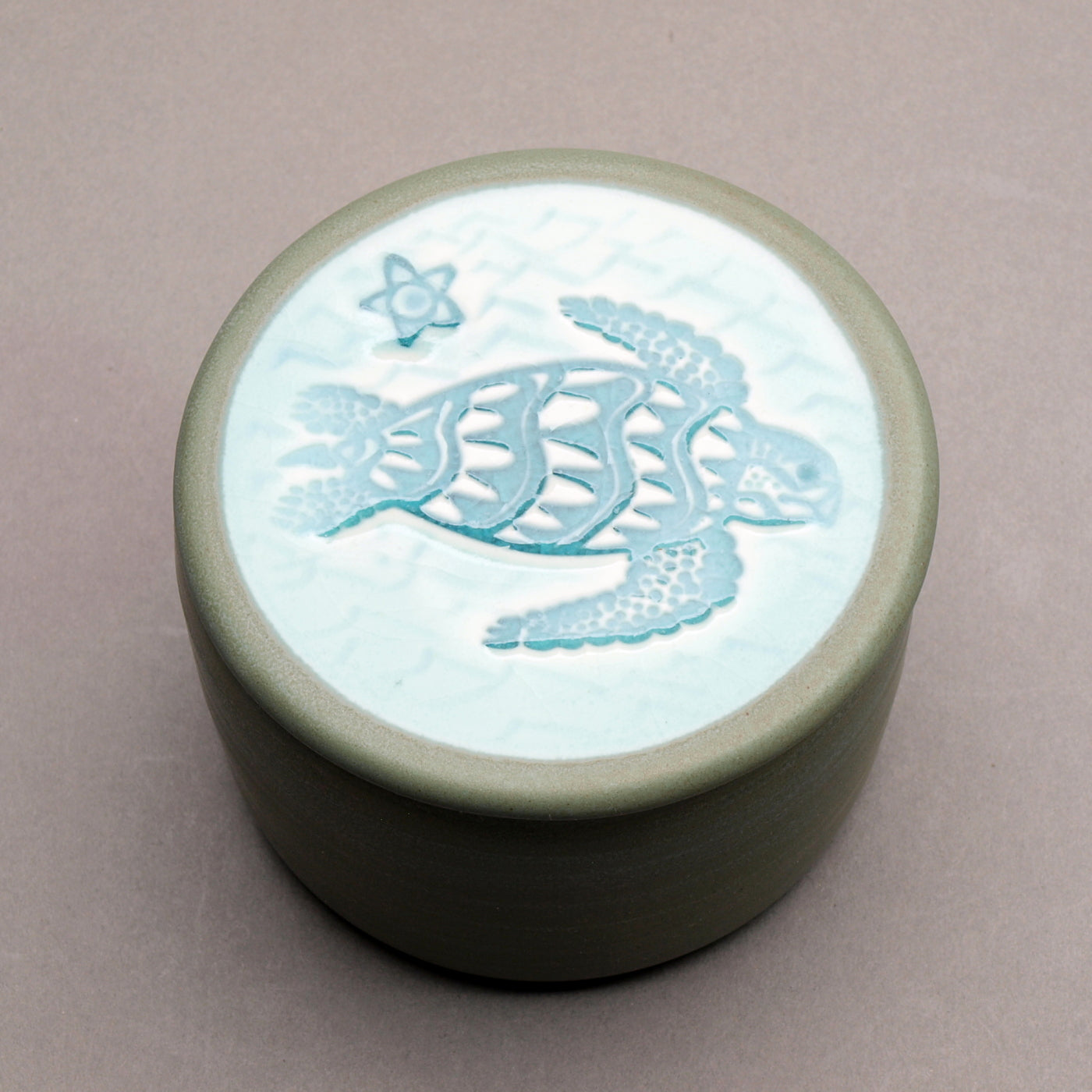 Handmade Ceramic Butter Crock Jar/dish with Sea Turtle Lid. Sage Green color, Turquoise  "Turtle in the Waves" Motif Design Top.