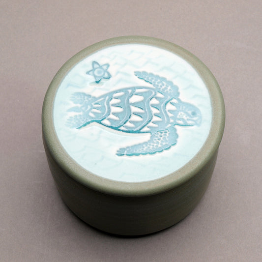 Handmade Ceramic Butter Crock Jar/dish with Sea Turtle Lid. Sage Green color, Turquoise  "Turtle in the Waves" Motif Design Top.