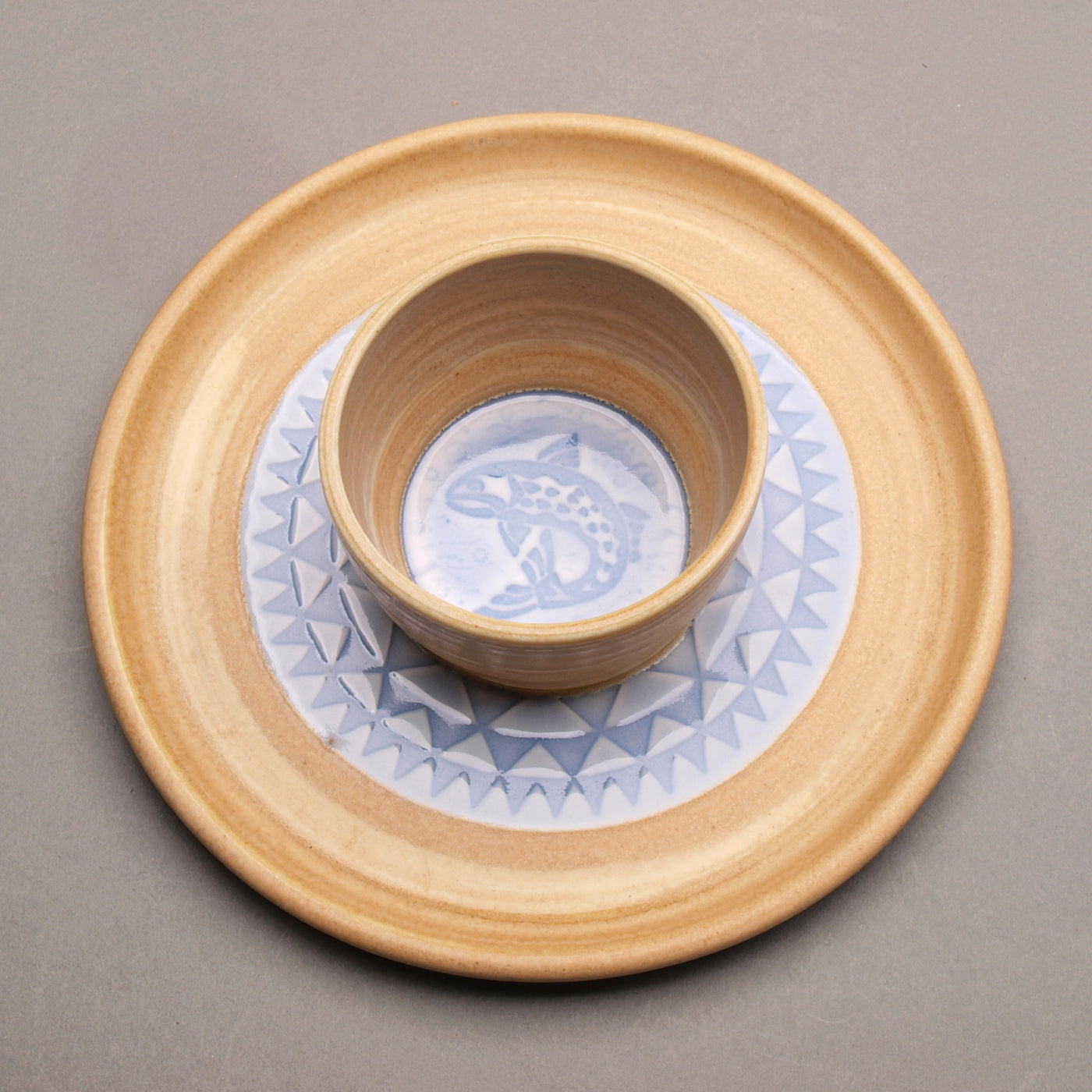 Personal Sized Handcrafted Ceramic Chip & Dip featuring a Trout in the Waves motif, glazed in stony gold and light blue, Geometric Pattern, Ceramic Porcelain