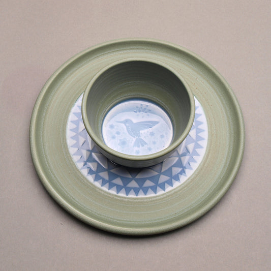 Personal Sized Handcrafted Ceramic Chip & Dip featuring a Hummingbird in the Mountains motif, glazed in sage green and light blue, Geometric Pattern, Ceramic Porcelain