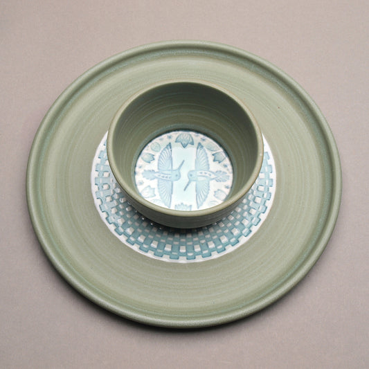 Medium Sized Handcrafted Ceramic Chip & Dip featuring  Hummingbirds, Flowers, and Checkered Banding motif, glazed in sage green and Turquoise, Ceramic Porcelain