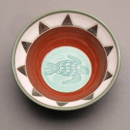 Ceramic Porcelain Pottery Handcrafted Sea Turtle Bowl, Southwestern Style Ceramic, Iron Red Ohata with Turquoise Center, Sage green exterior. Tribal Triangle Border, 8-Point Sun Design
