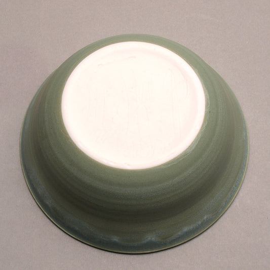 Ceramic Porcelain Pottery Handcrafted Sea Turtle Bowl, Southwestern Style Ceramic, Iron Red Ohata with Turquoise Center, Sage green exterior. Tribal Triangle Border, White & Iron Blue