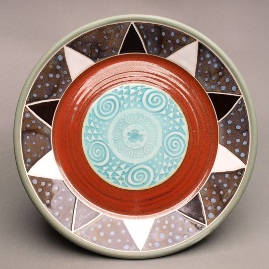 TURTLE & SWIRLING FINS PLATTER – A handcrafted porcelain centerpiece by Mike Hays, featuring intricate Southwestern-inspired design.