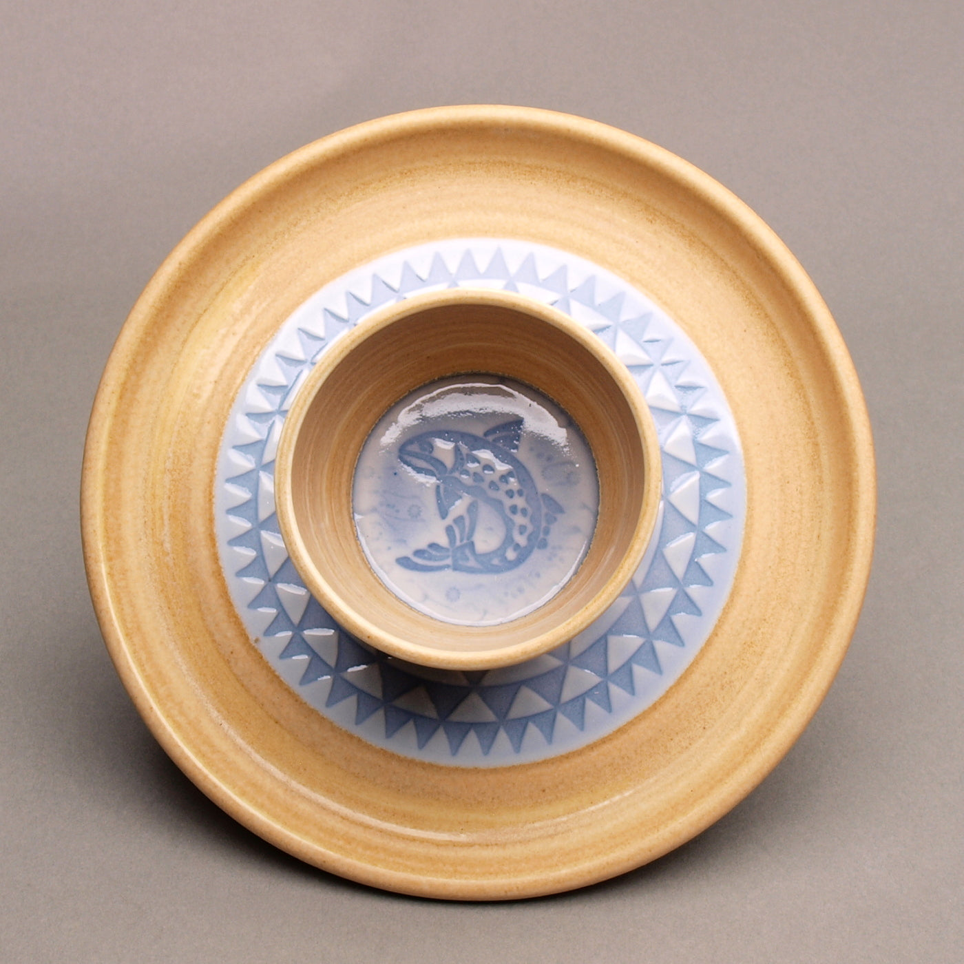 Personal Sized Handcrafted Ceramic Chip & Dip featuring a Trout in the Waves motif, glazed in stony gold and light blue, Geometric Pattern, Ceramic Porcelain