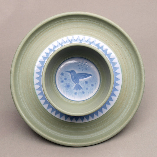 Personal Sized Handcrafted Ceramic Chip & Dip featuring a Hummingbird in the Mountains motif, glazed in sage green and light blue, Geometric Pattern, Ceramic Porcelain