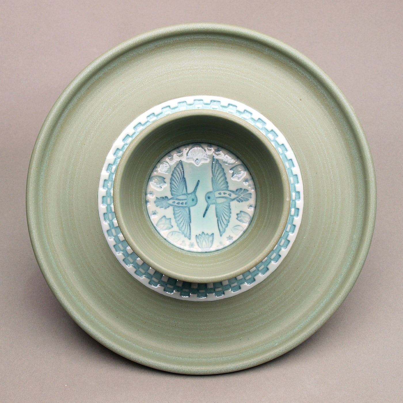 Medium Sized Handcrafted Ceramic Chip & Dip featuring  Hummingbirds, Flowers, and Checkered Banding motif, glazed in sage green and Turquoise, Ceramic Porcelain