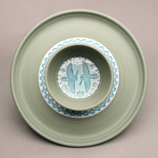 Medium Sized Handcrafted Ceramic Chip & Dip featuring  Hummingbirds, Flowers, and Checkered Banding motif, glazed in sage green and Turquoise, Ceramic Porcelain