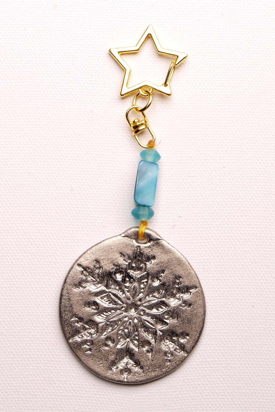 Handcrafted Snowflake Holiday Ornament with Star Clasp, 24k Platinum Luster Finish, Blue Glass Beads, Winter Christmas Tree Decoration