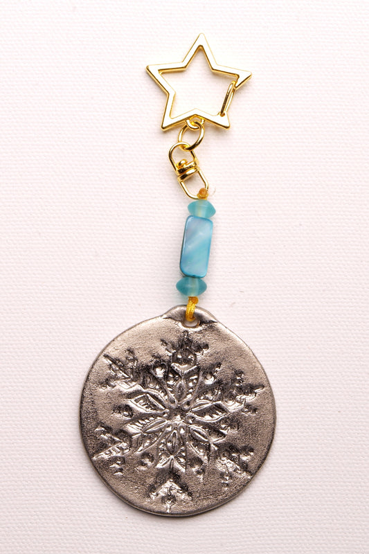 Handcrafted Snowflake Holiday Ornament with Star Clasp, 24k Platinum Luster Finish, Blue Glass Beads, Winter Christmas Tree Decoration