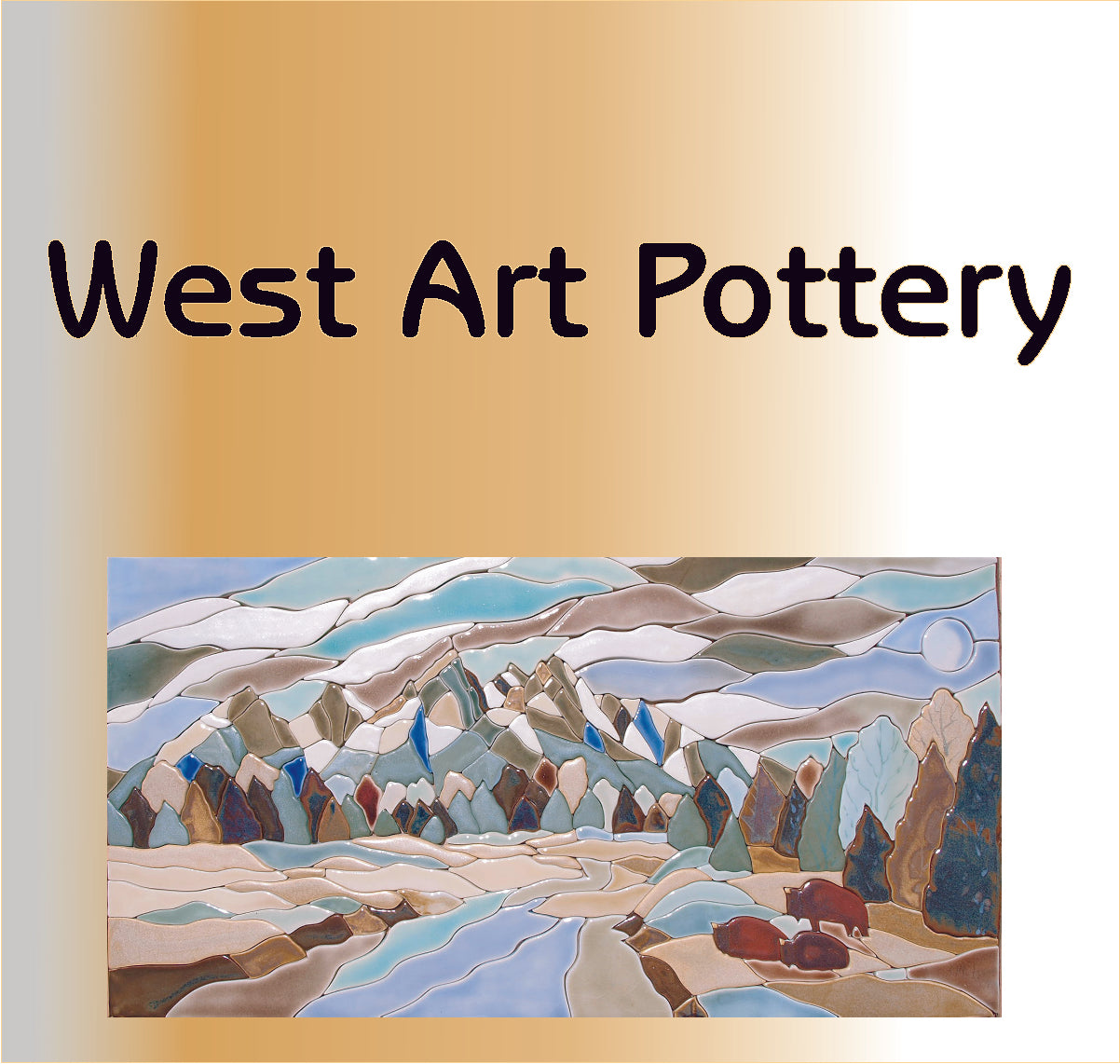 West Art Pottery: bowls, mugs, fashion jewelry pendants, holiday ornaments, chip and dip platters, plates, jars, art tile murals, and large platters. Coming soon: souvenir holiday ornaments with names of  western towns.