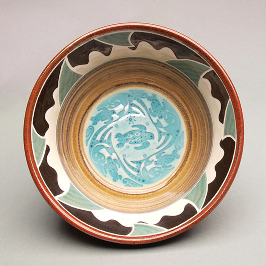 Porcelain Ceramic Bowl with tortoises in the waves pattern imprint, 8" dia. 3" tall