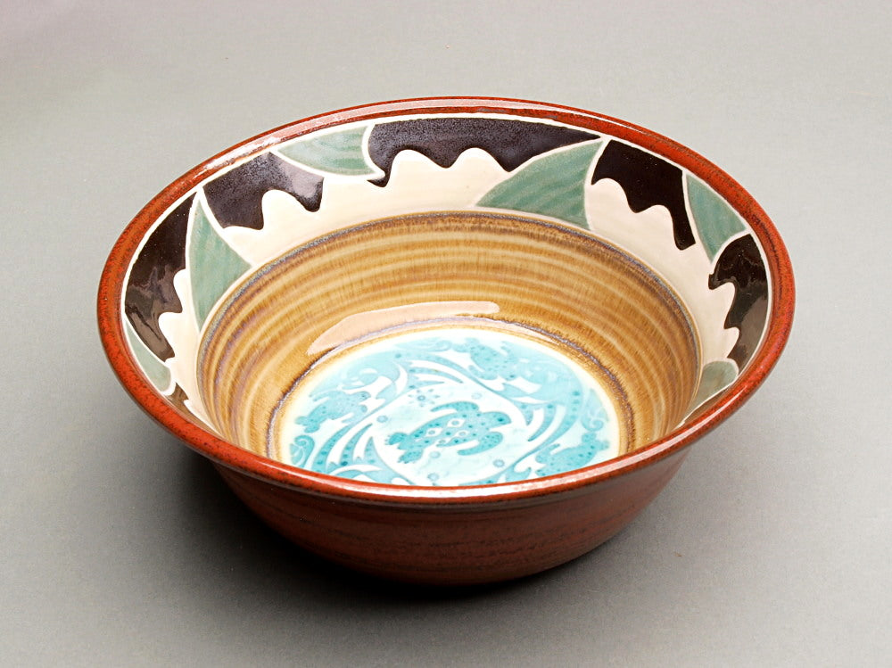 Porcelain Ceramic Bowl with tortoises in the waves pattern imprint, 8" dia. 3" tall